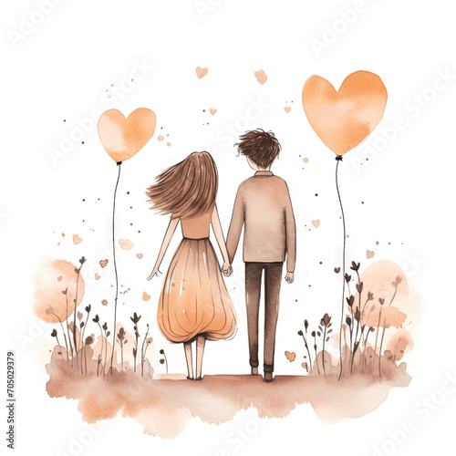 Hand drawn watercolor minimal style cartoon lover couple wedding  ceremony