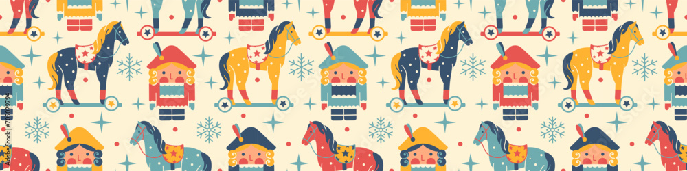 Obraz premium Bright vintage Christmas seamless wallpaper. Kids Noel Nutcracker Fairy Tail. Flat style. Retro toy soldier with toy horse. Tile background for Christmas gift, wrapping paper, fabric.