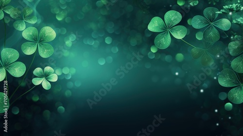 Happy Saint Patrick's Day background with green leaf clovers on blur background. AI generated image
