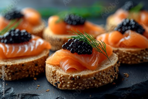 Canapes as toasted baguette with a layer of smoked salmon and a generous spoonful of Beluga caviar and a sprinkle of dill - ai generated
