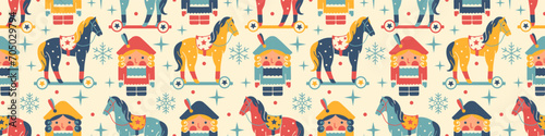 Bright vintage Christmas seamless wallpaper. Kids Noel Nutcracker Fairy Tail. Flat style. Retro toy soldier with toy horse. Tile background for Christmas gift, wrapping paper, fabric.