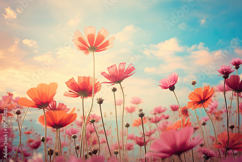 Crimson daisies waltz beneath a sky ablaze in orange and pink  embraced by whimsical clouds in a vibrant  panoramic dance