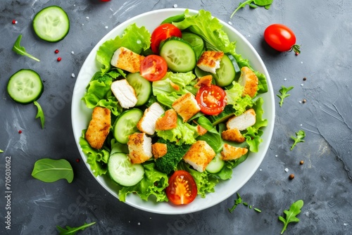 Grilled chicken breast, fillet and fresh vegetable salad of lettuce, arugula, spinach, cucumber and tomato. Healthy lunch menu. Diet food. Top view