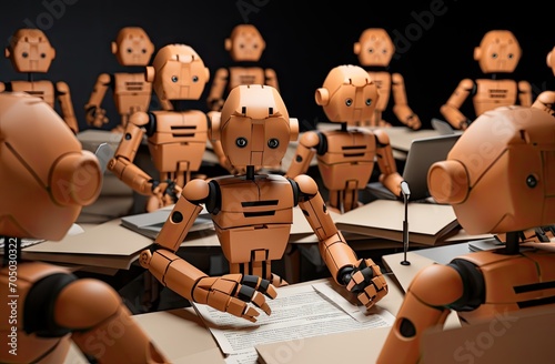 Futuristic robots working at computers in an office setting, depicting automation and AI in the workplace.