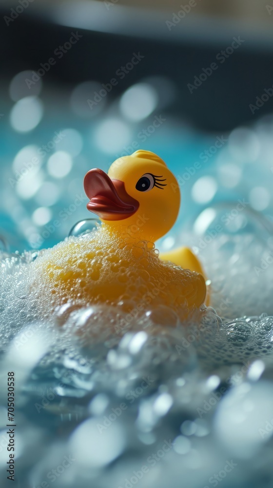 Rubber Duck Floating in Pool of Water, Playful and Relaxing Bath Toy Rubber Duck Floating in Pool of Water, Playful and Relaxing Bath Toy