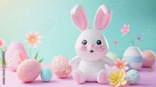 Easter celebration scene with a cute white bunny and pastel-colored eggs adorned with polka dots and stars, complemented by soft pink flowers.