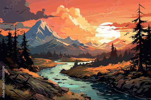 Sunset in the mountains and river landscape scene .landscape of mountains with a lake illustration