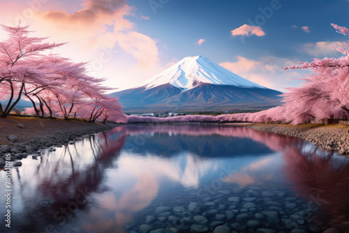 Cherry blossoms blush on mountains, a panoramic masterpiece under the vast sky