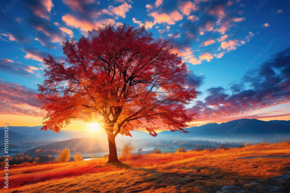 Autumn hues embrace sunrise, painting trees, fields, and mountains in a vibrant canvas of warmth and serenity