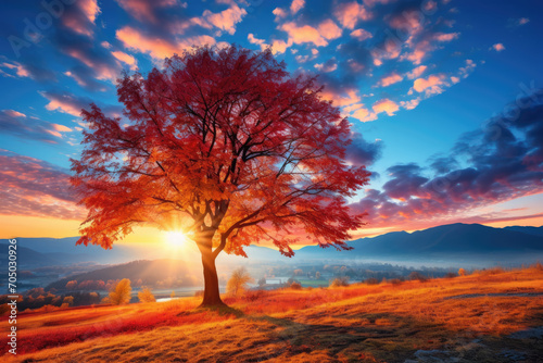 Autumn hues embrace sunrise, painting trees, fields, and mountains in a vibrant canvas of warmth and serenity