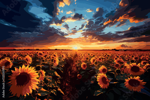Beautiful field with sunflowers sky clouds ,Sunflower field in the glow of sunset.