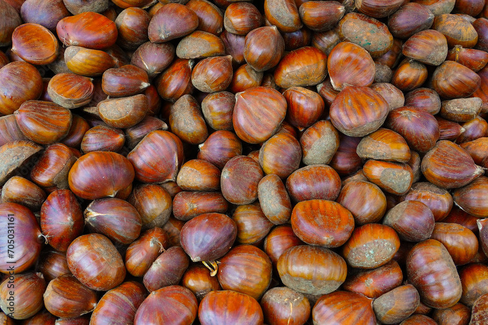 Close-up photo of chestnuts on the market shelf Close-up photo of chestnuts on the market shelf