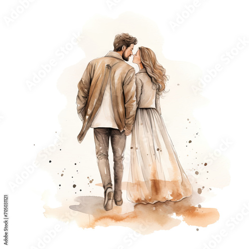 Hand drawn watercolor minimal style cartoon lover couple wedding  ceremony