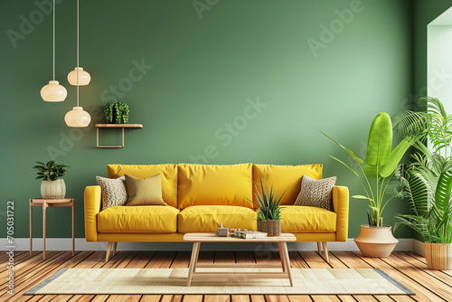 Photo A yellow, green and light brown tone Scandinavian style living room, organic and naturalistic compositions