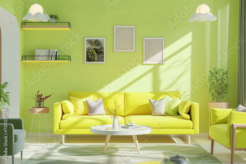 Wallpaper Mural A yellowy green and yellow tone Scandinavian style living room, organic and naturalistic compositions