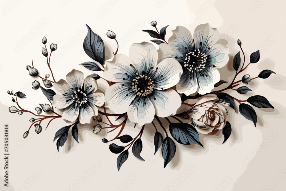 © Abul - Illustration of a bouquet of flowers. Black and white Flower tattoo line art design element