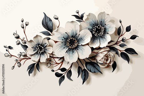 Illustration of a bouquet of flowers. Black and white Flower tattoo line art design element