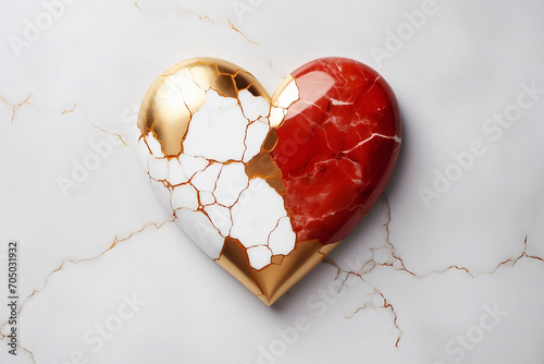 Golden, red and white broken heart made of marble. photo