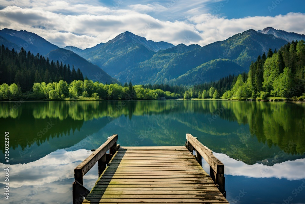 Serene lake view with wooden dock and mountain backdrop - obrazy, fototapety, plakaty 
