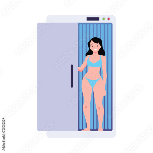 Vertical solarium with girl holding door.