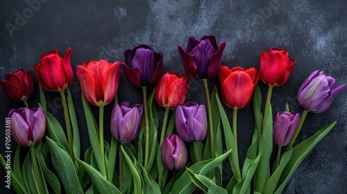 Red and Purple Tulips on Black Background