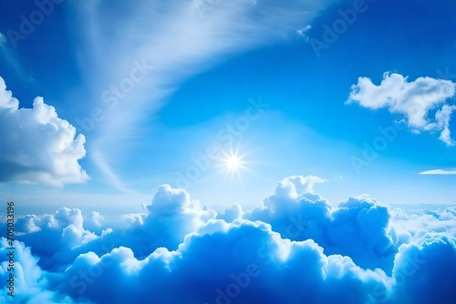bed stand in a blue fluffy cloud in the sky symbolic for good sleep beautiful view, © Zoraiz