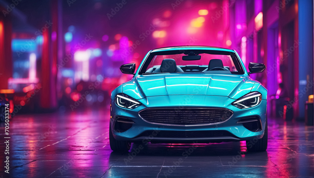 Modern blue sports car in the night city. Generative Ai