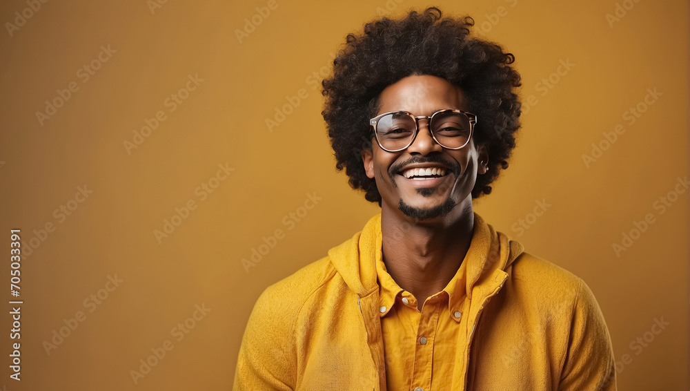Portrait of smiling african american man in eyeglasses on yellow background. Generative Ai Portrait of smiling african american man in eyeglasses on yellow background. Generative Ai