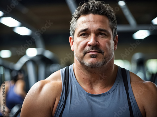 Portrait of a middle-aged man in a gym with a serious expression. Generative Ai