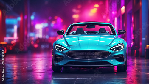 Modern blue sports car in the night city. Generative Ai