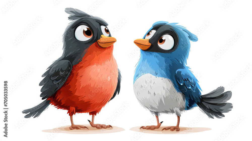 Fototapeta premium Cute funny red and blue bird standing facing each other on white background