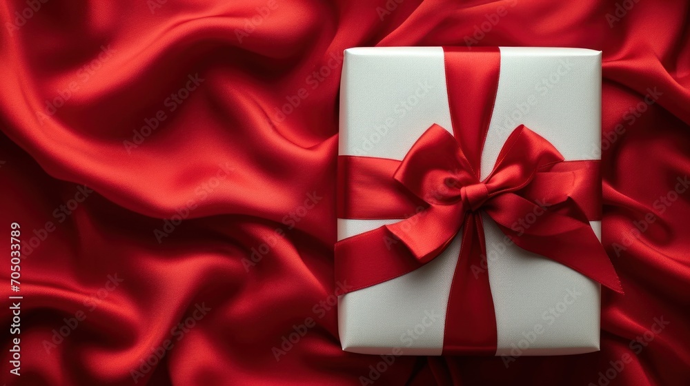 White Gift Box With Red Bow on Red Satin Background White Gift Box With Red Bow on Red Satin Background