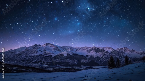 Majestic Night Sky With Stars Over Snowy Mountain Range
