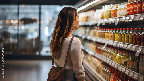 Happy woman looking at product at grocery store photo