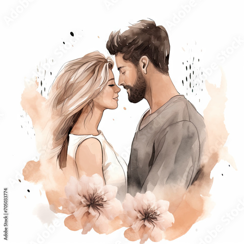 Hand drawn watercolor minimal style cartoon lover couple wedding  ceremony