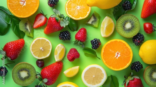 Assorted Fresh Fruits Arranged on Green Surface