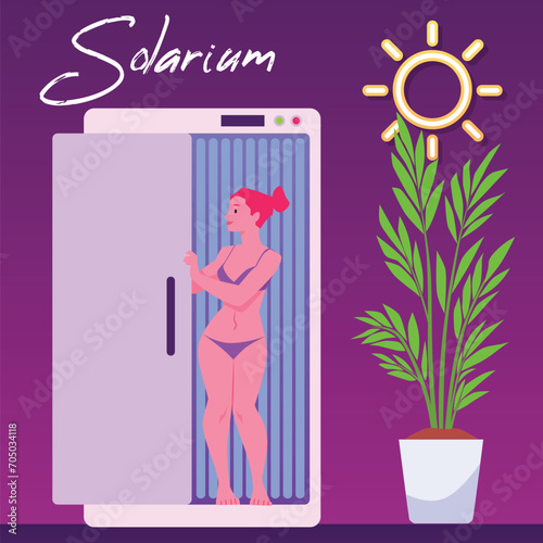 Young woman standing in Solarium, vector lady getting artificial lamp tanning, beauty spa salon cosmetic procedure