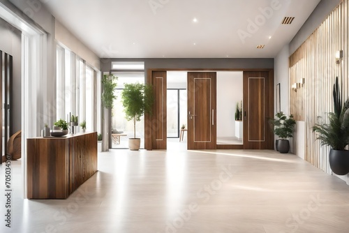 Bright interior design of modern entrance hall with door and wooden console table. 