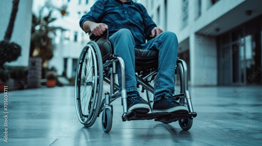 Obraz premium Man in Wheelchair on City Street, Mobility and Inclusion in Urban Environment