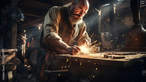 Fotografia Close-up of blacksmith in apron working with hammer and iron in the workshop