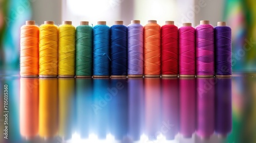 Row of Different Colored Spools of Thread
