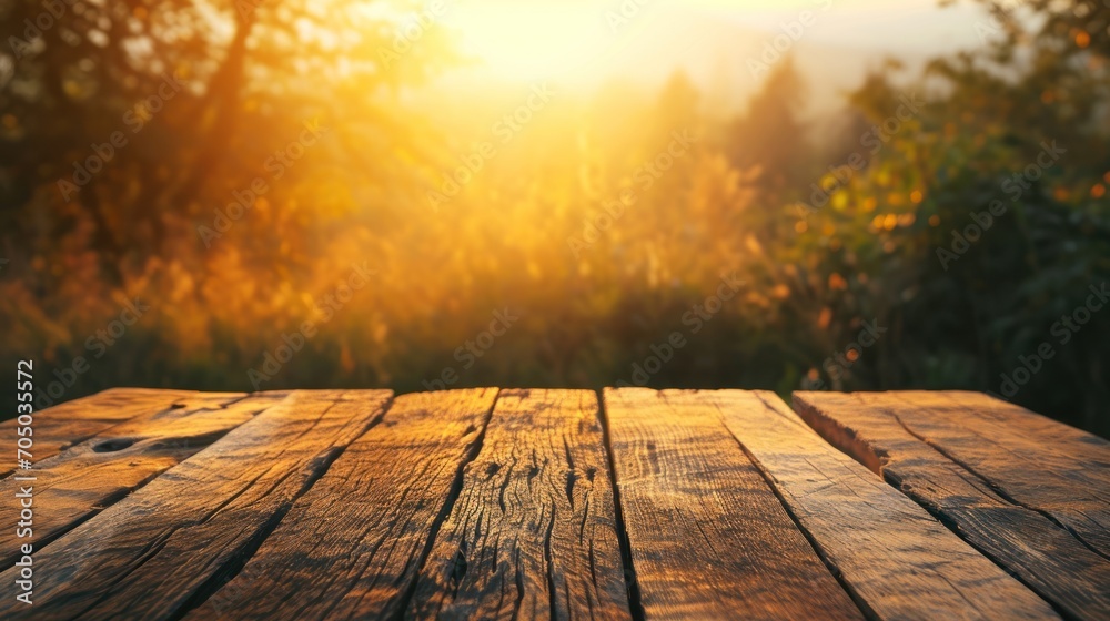 Wooden Table With Sunset in Background Wooden Table With Sunset in Background