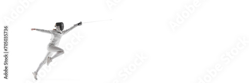 Banner. Competitive fencer training attack technique against white studio background with negative space to insert your text. Concept of professional, sport active lifestyle, fitness, motion, strength