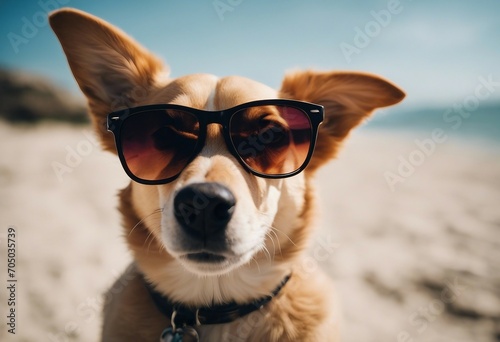 A cute dog with sunglasses on the sand beach on a sunny day enjoying vacation hot summer day © ArtisticLens
