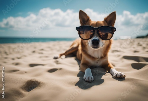 A cute dog with sunglasses on the sand beach on a sunny day enjoying vacation hot summer day © ArtisticLens