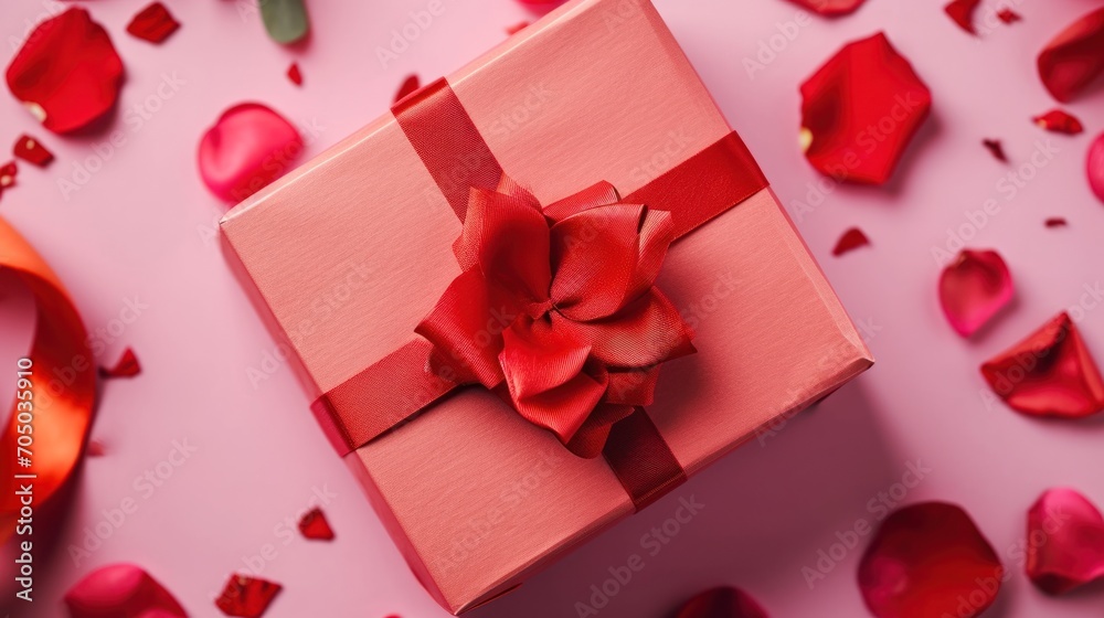 Pink Gift Box With Red Ribbon and Rose Petals - Romantic and Elegant Present for Special Occasions Pink Gift Box With Red Ribbon and Rose Petals - Romantic and Elegant Present for Special Occasions