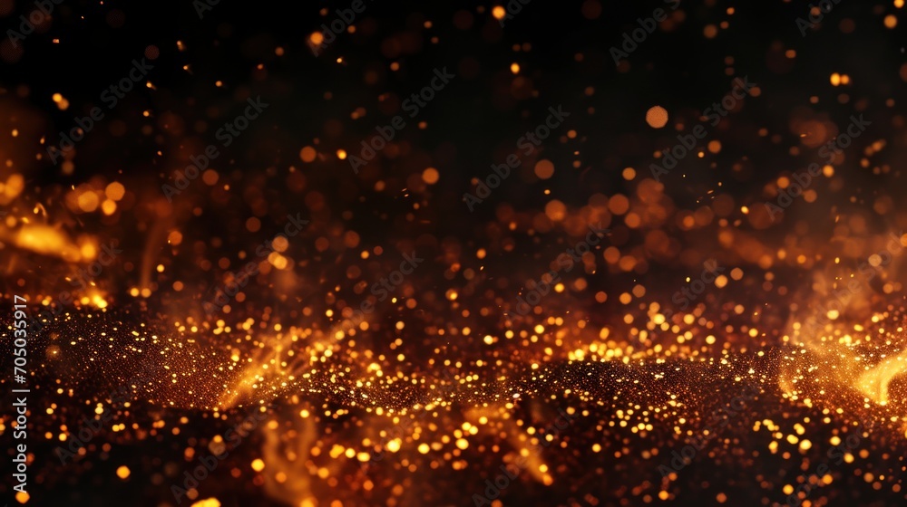 Blurry Gold Dust on Black Background, Mysterious Shimmering Particles in Dark Space