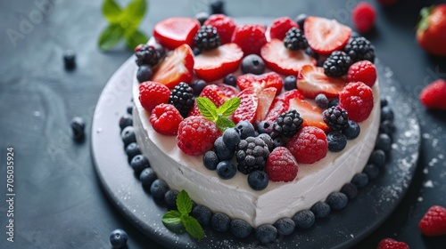 Heart Shaped Cake Topped With Berries and Mint