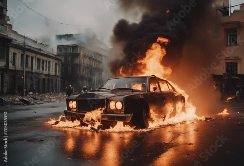 A documentary photo of revolutionary riots and protests burning building and cars in the city
