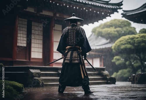 A epic samurai with a weapon sword standing in front of a old japanese temple shrine rainy day photo
